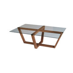 Table basse moderne Dinter L105cm Bois massif foncé et Verre Transparent