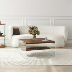 Table basse carré Wako 75x75cm Bois massif foncé et Verre Transparent