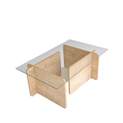 Table basse design Gelpio 150x65cm Bois clair et Verre Transparent