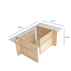 Table basse design Gelpio 150x65cm Bois clair et Verre Transparent