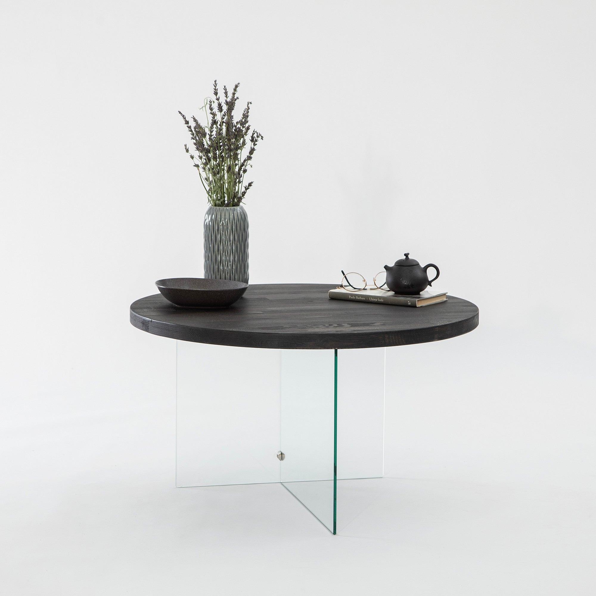 Table basse ronde Saky D70cm Bois Anthracite et Verre Transparent