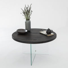 Table basse ronde Saky D70cm Bois Anthracite et Verre Transparent