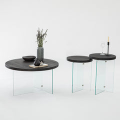 Table basse ronde Saky D70cm Bois Anthracite et Verre Transparent