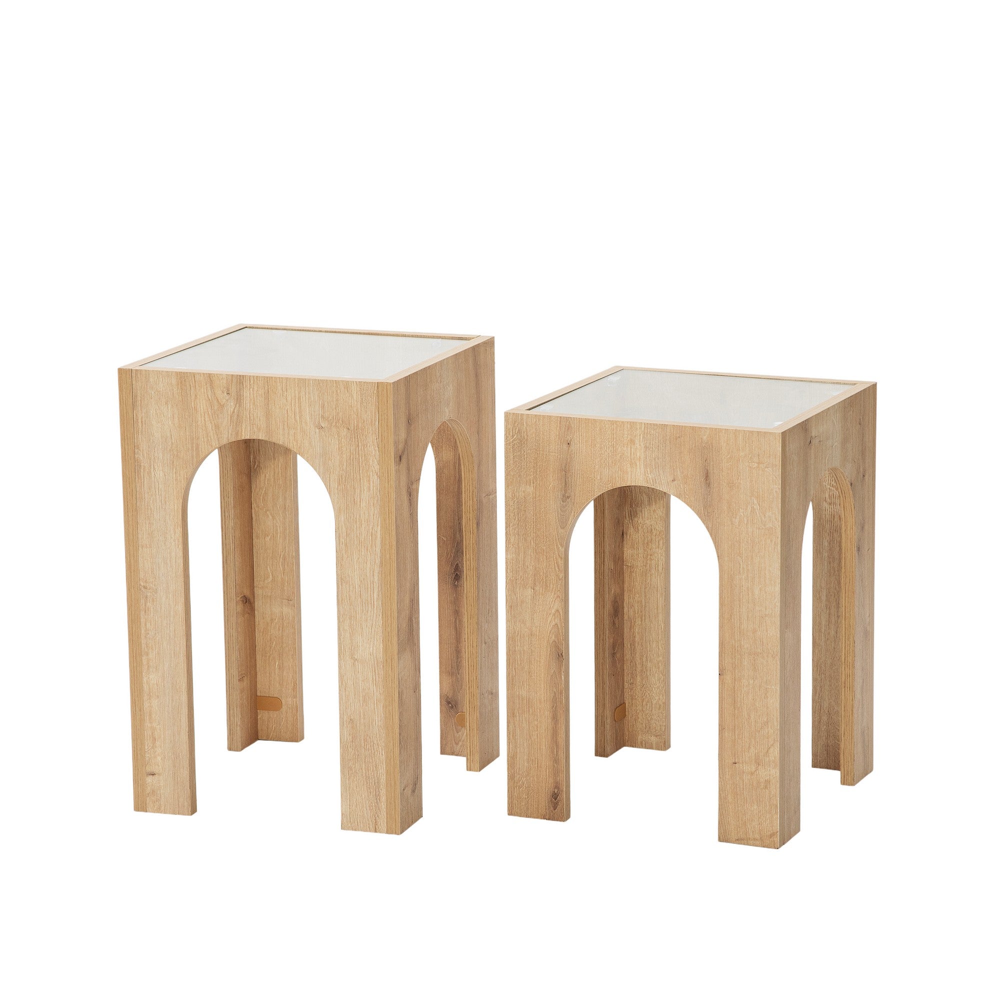 Set de 2 tables d'appoint Vittina Bois Chêne clair et Verre fumé Transparent