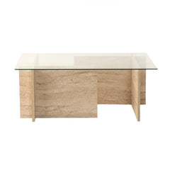 Table basse design Kinda L105cm Verre Transparent et Effet travertin Beige