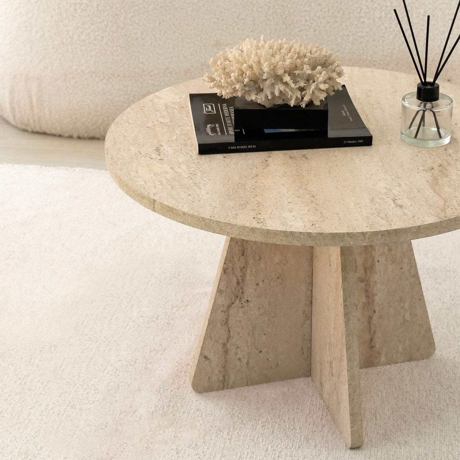 Table basse design Fungi D60cm Effet travertin Beige