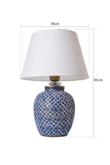 Lampe à poser design Mouna D30cm Tissu Blanc et Céramique Bleu et Blanc