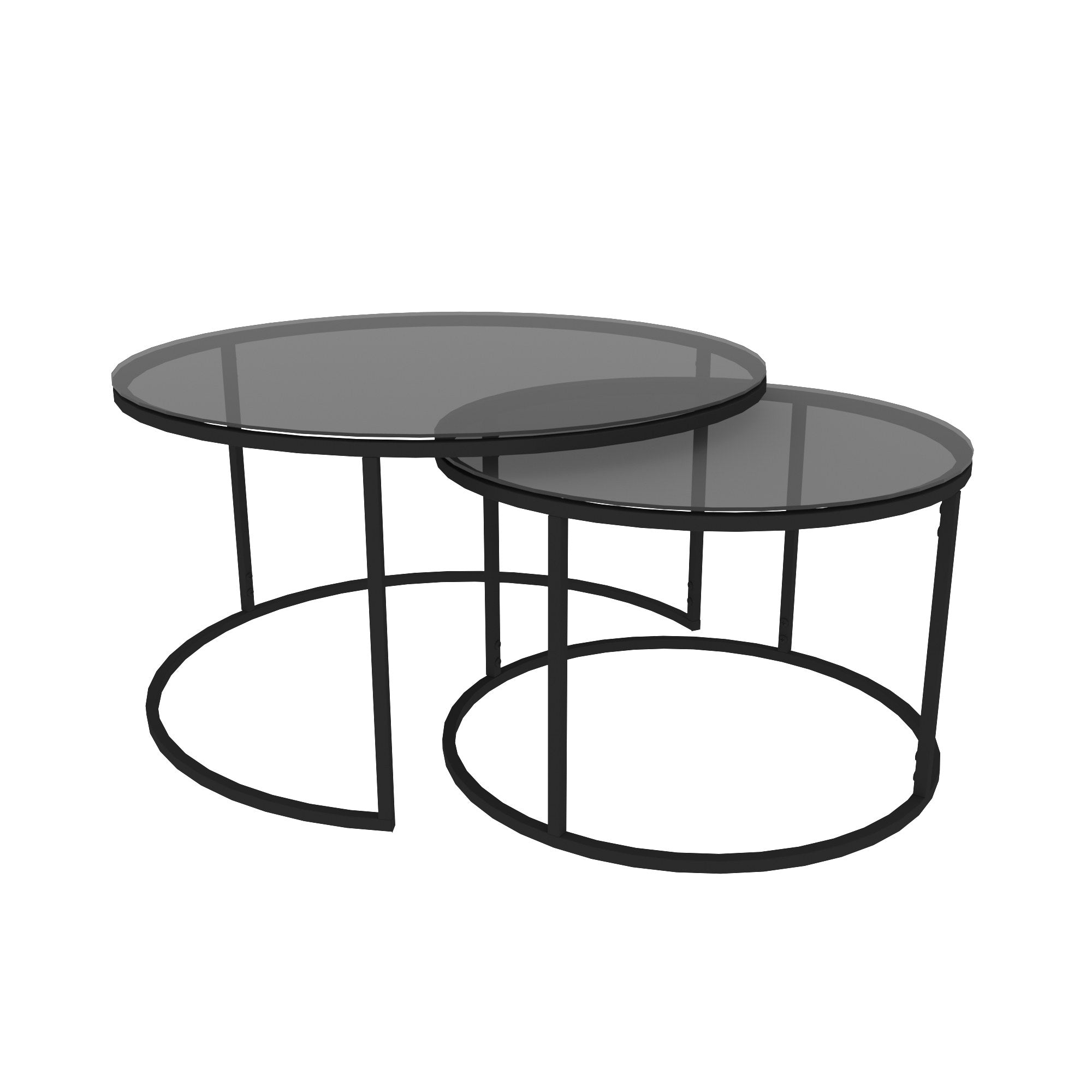 Ensemble de 2 tables basses gigognes rondes Taky Métal Noir et Verre trempé Transparent