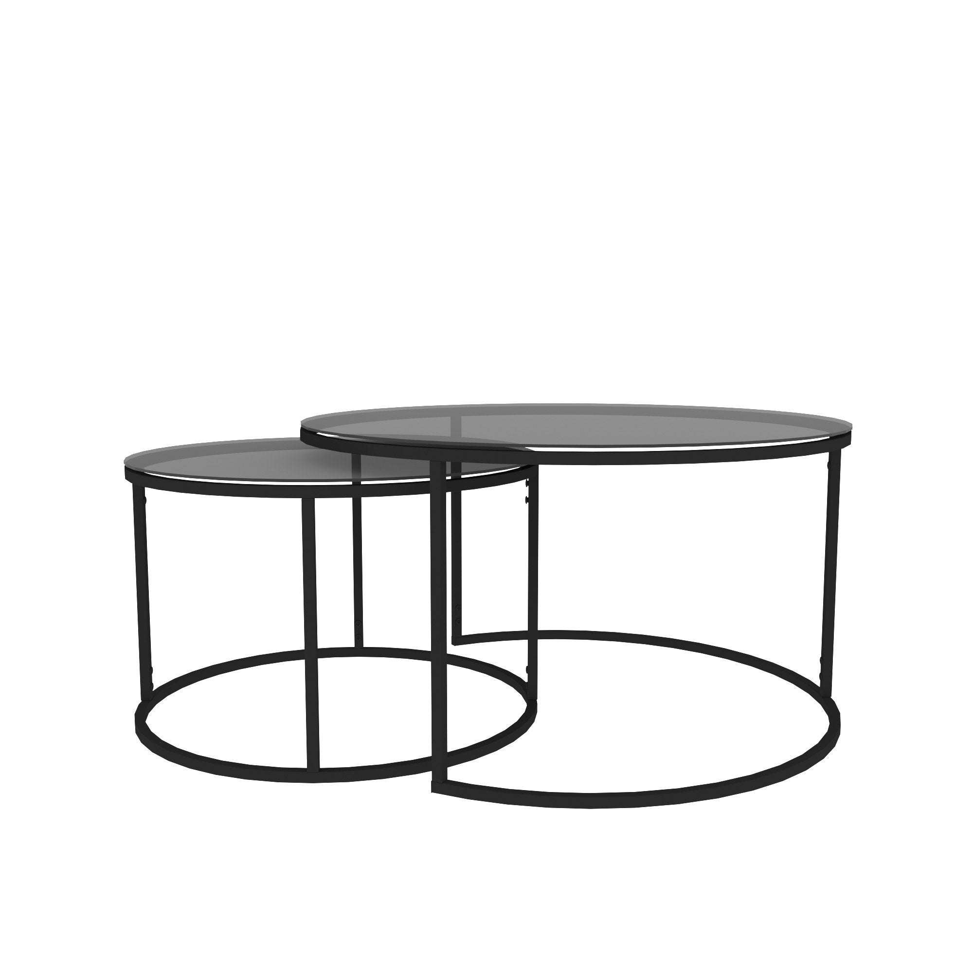 Ensemble de 2 tables basses gigognes rondes Taky Métal Noir et Verre trempé Transparent