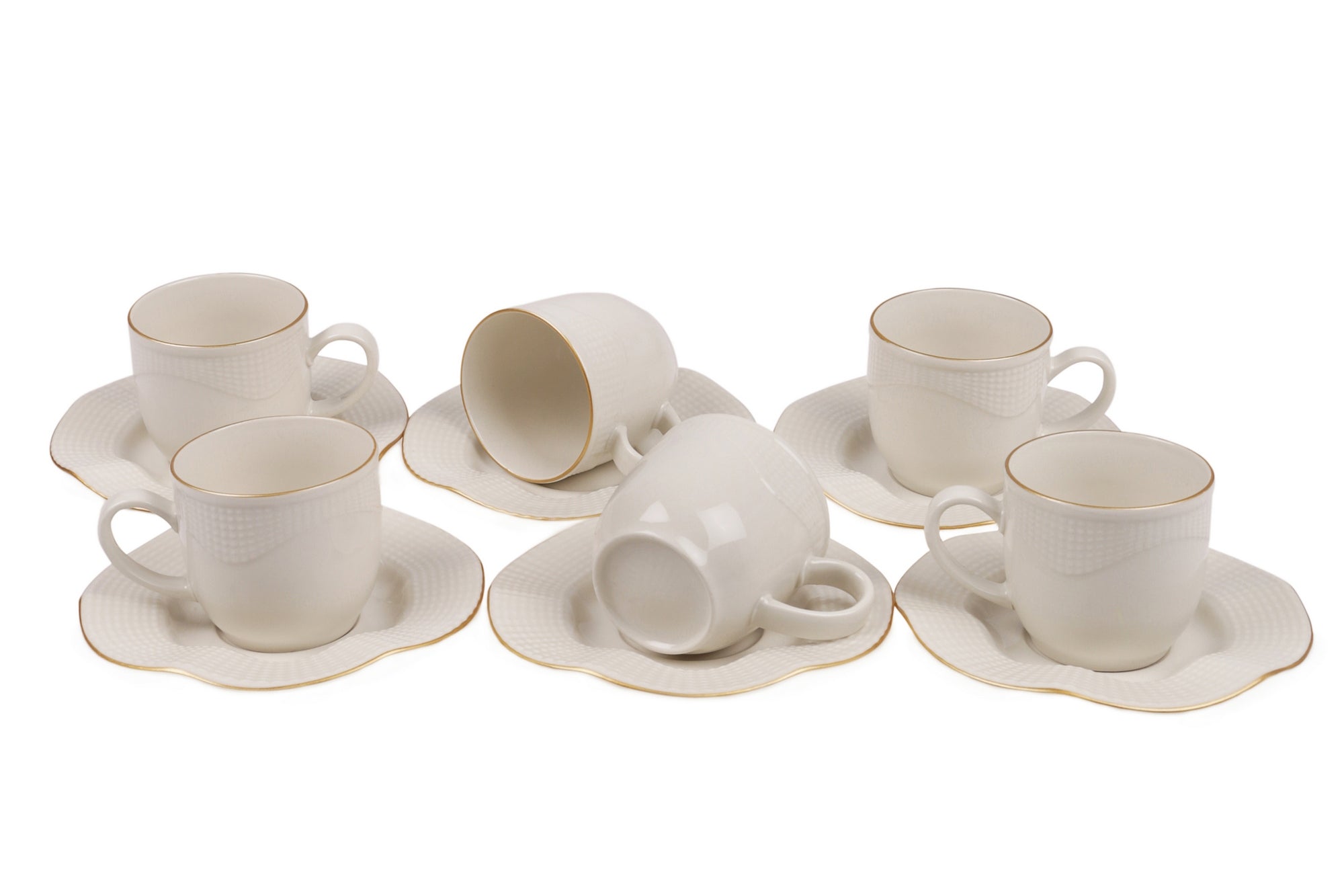 Lot de 6 tasses de café avec sous-tasses Campari 100% Porcelaine Blanc crème bordure pliée avec écaille lisère Or