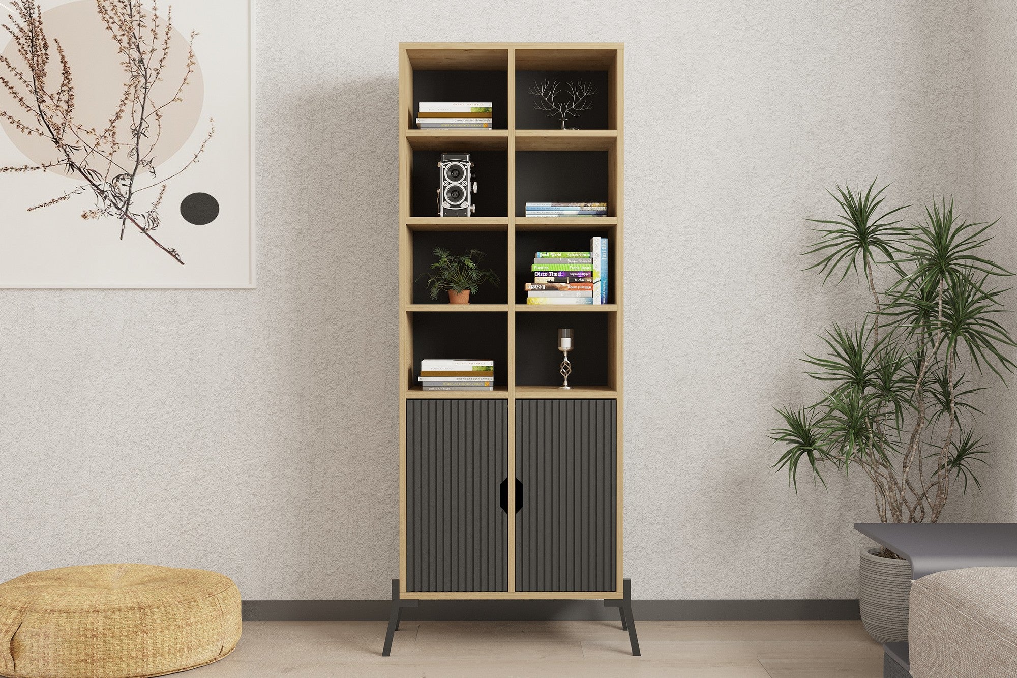 Bibliothèque 2 portes et 8 compartiment Naoki L58,6xH160cm Chêne et Anthracite