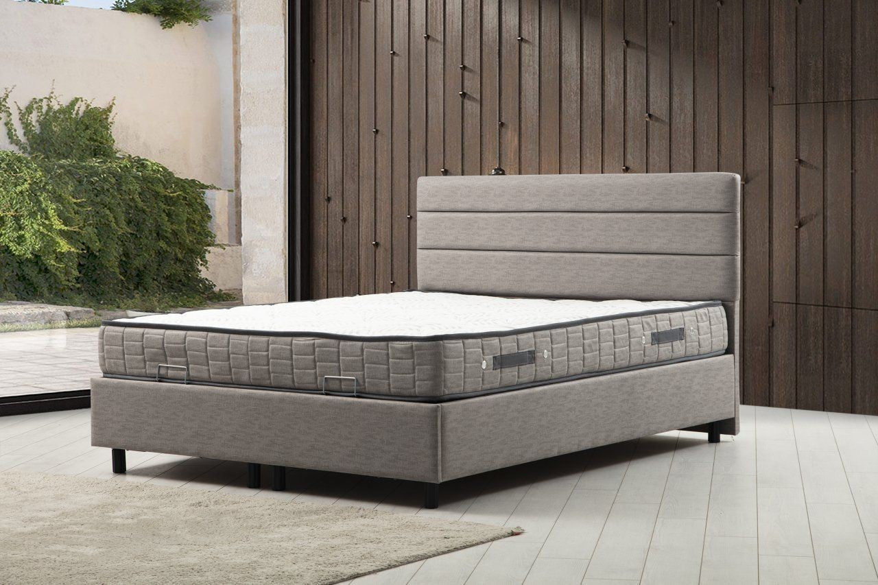 Lit simple à sommier relevable Volka Velours Gris clair avec matelas orthopédique 120x200cm à ressort ensachés