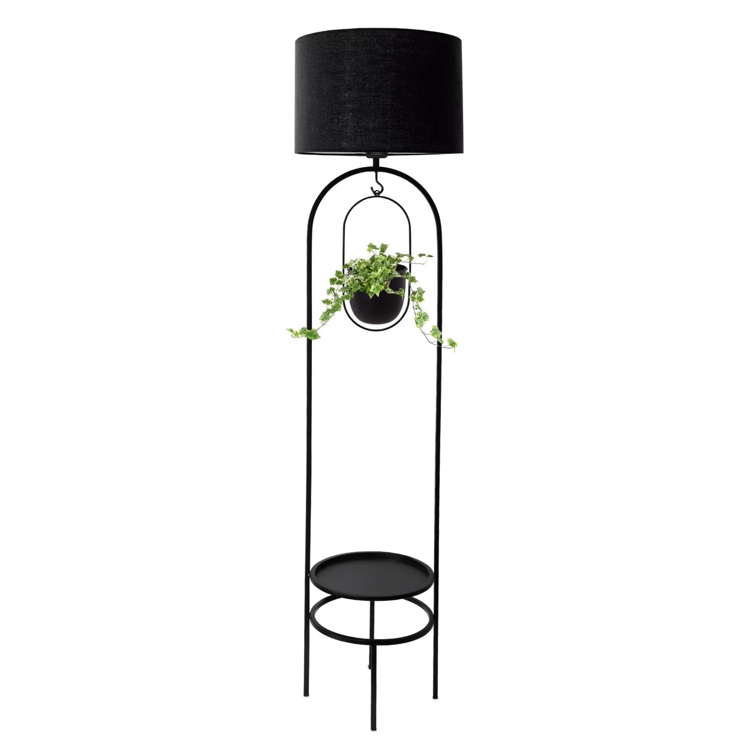 Lampadaire design avec table d'appoint et porte pot intégrés Grimy H145cm Métal Noir