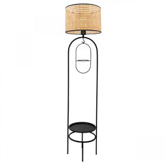 Lampadaire design LED avec table d'appoint et porte pot intégrés Grimo H145cm Abat jour à cannage Rotin Beige et support Métal Noir