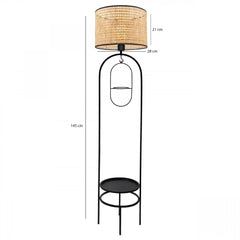 Lampadaire design LED avec table d'appoint et porte pot intégrés Grimo H145cm Abat jour à cannage Rotin Beige et support Métal Noir