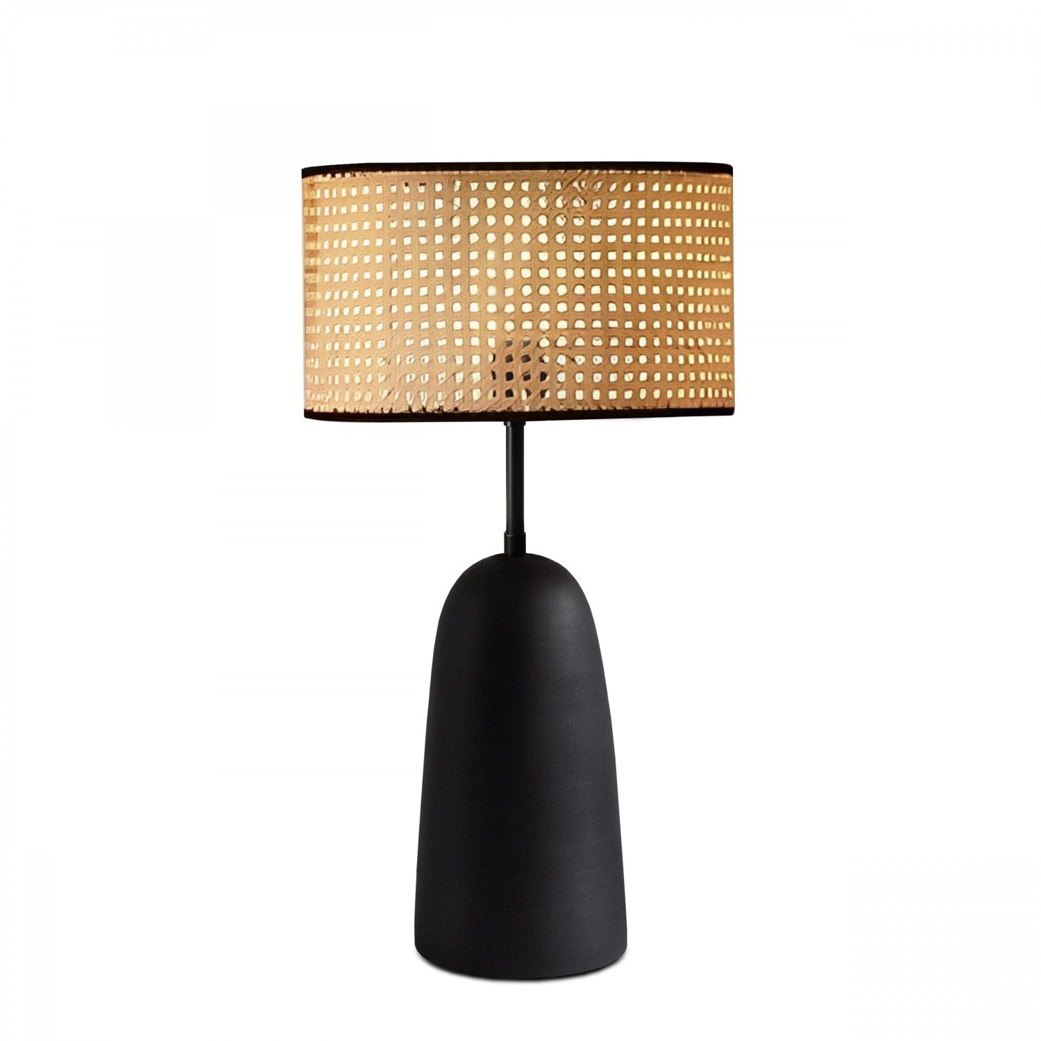 Ensemble de suspension et lampe à poser avec cannage Sengen Tissu Noir et Rotin Beige