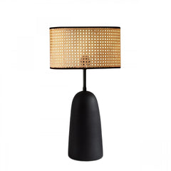 Ensemble de suspension et lampe à poser avec cannage Sengen Tissu Noir et Rotin Beige