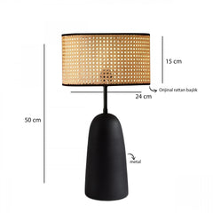 Ensemble de suspension et lampe à poser avec cannage Sengen Tissu Noir et Rotin Beige