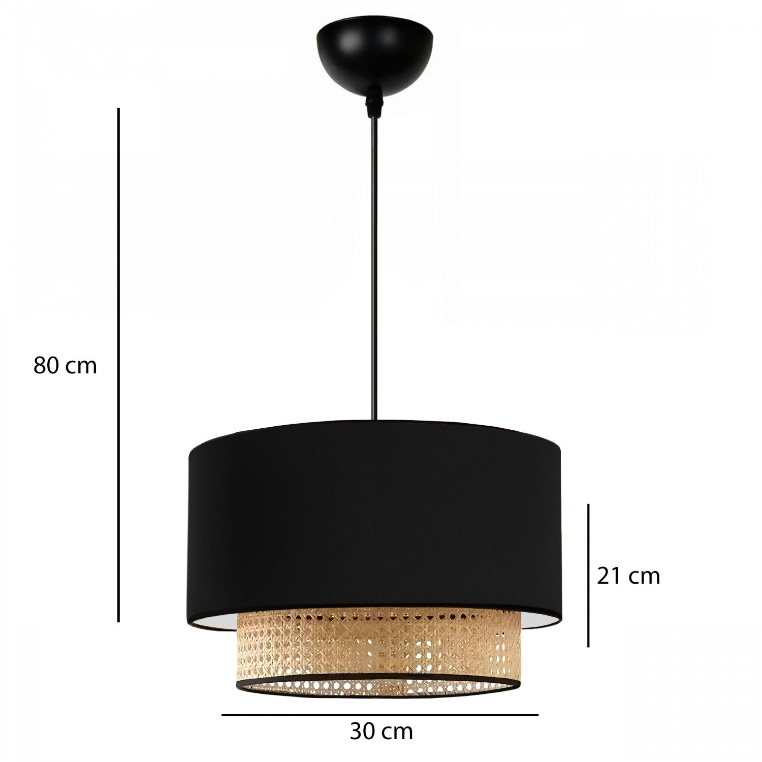 Ensemble de suspension et lampe à poser avec cannage Sengen Tissu Noir et Rotin Beige