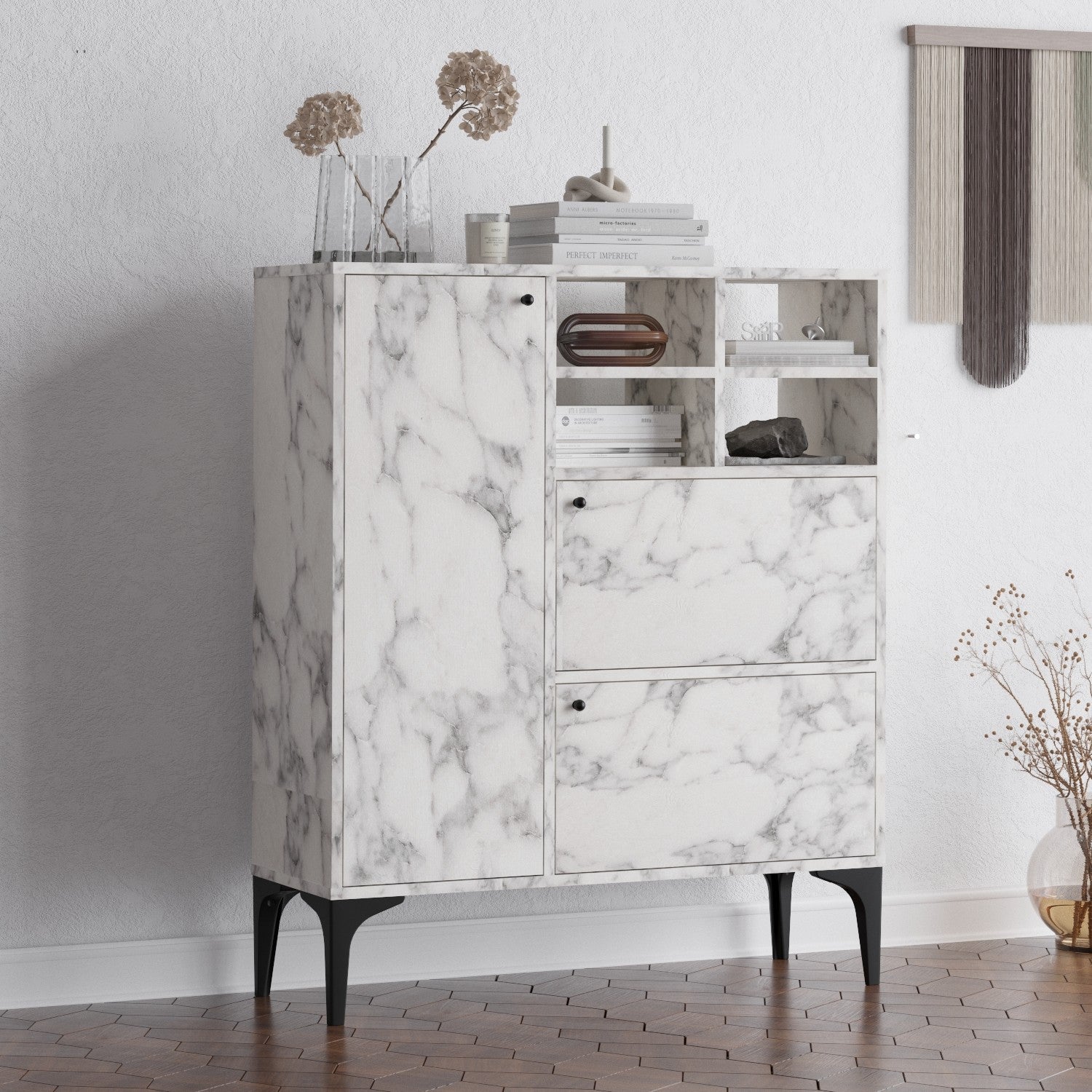 Buffet moderne 3 portes Rawan L100cm Effet marbre Blanc et Or