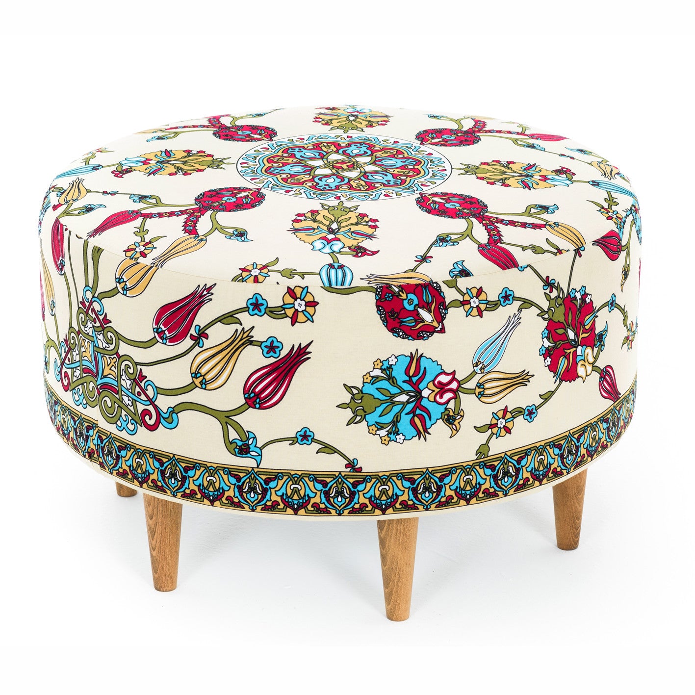 Tabouret rond Hitoro D65cm Velours Blanc crème Motif Florale Multicolore