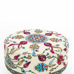 Tabouret rond Hitoro D65cm Velours Blanc crème Motif Florale Multicolore