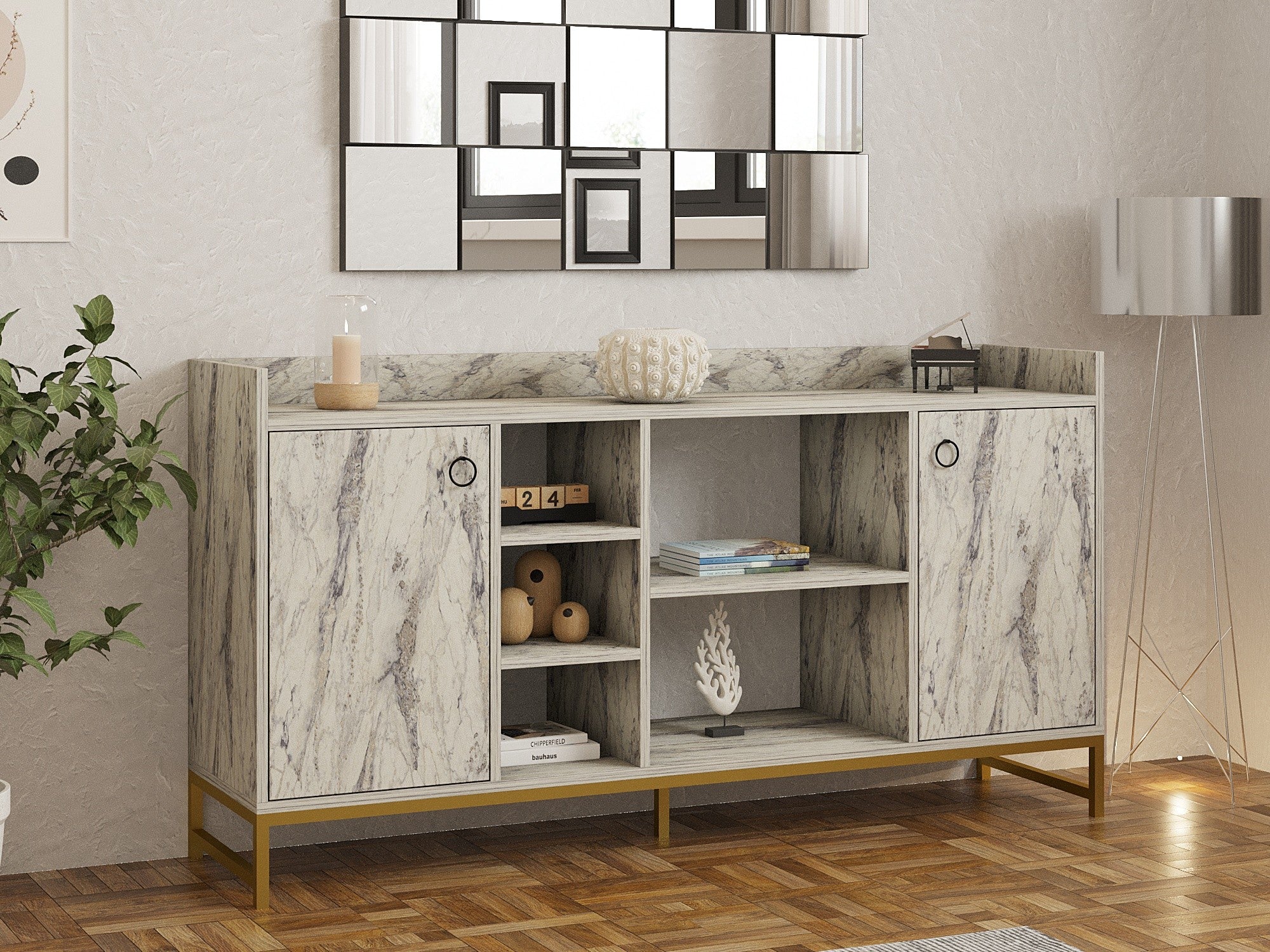 Buffet moderne 2 portes Mehiar L160cm Effet marbre Blanc et Métal Or