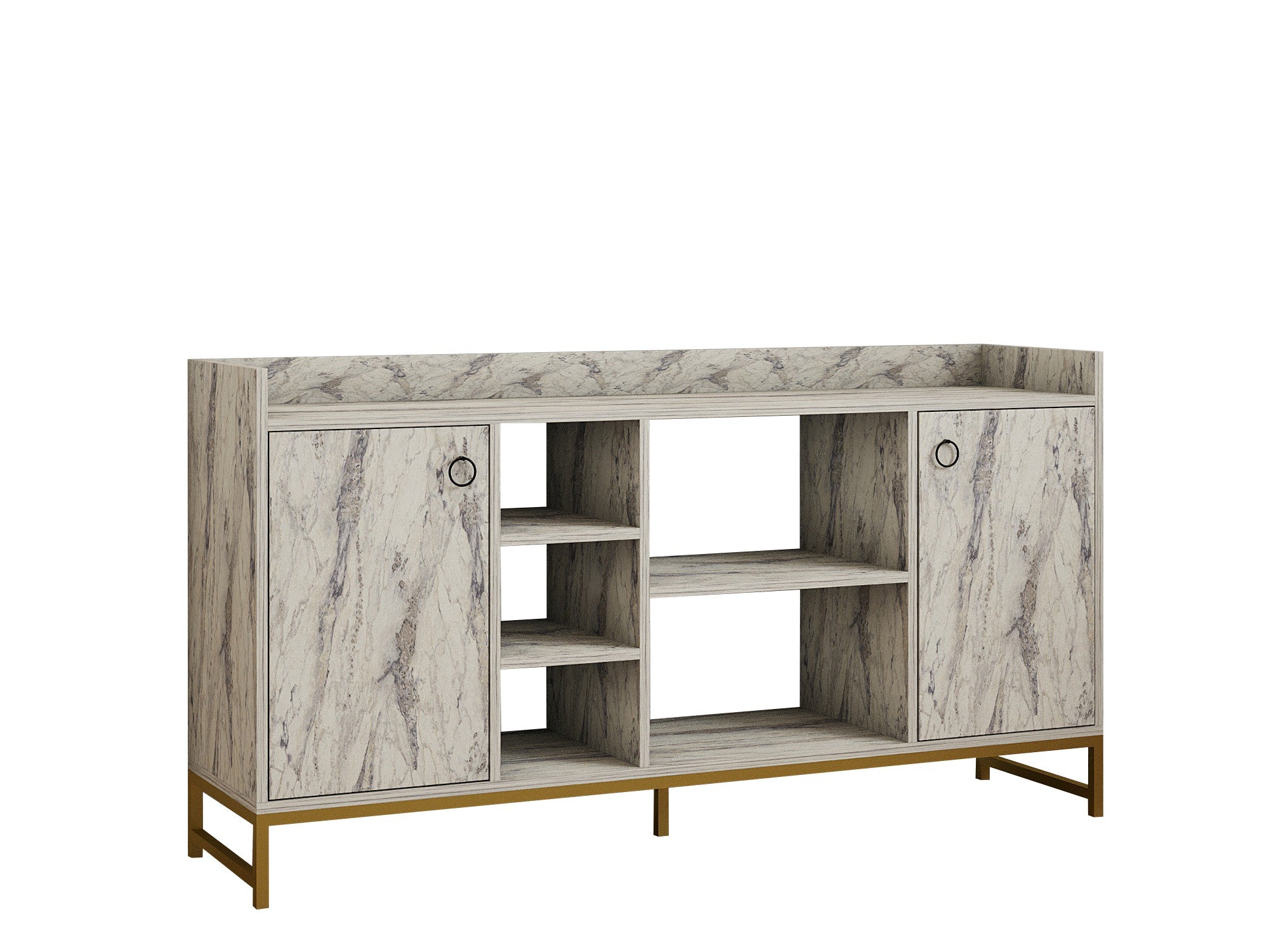 Buffet moderne 2 portes Mehiar L160cm Effet marbre Blanc et Métal Or