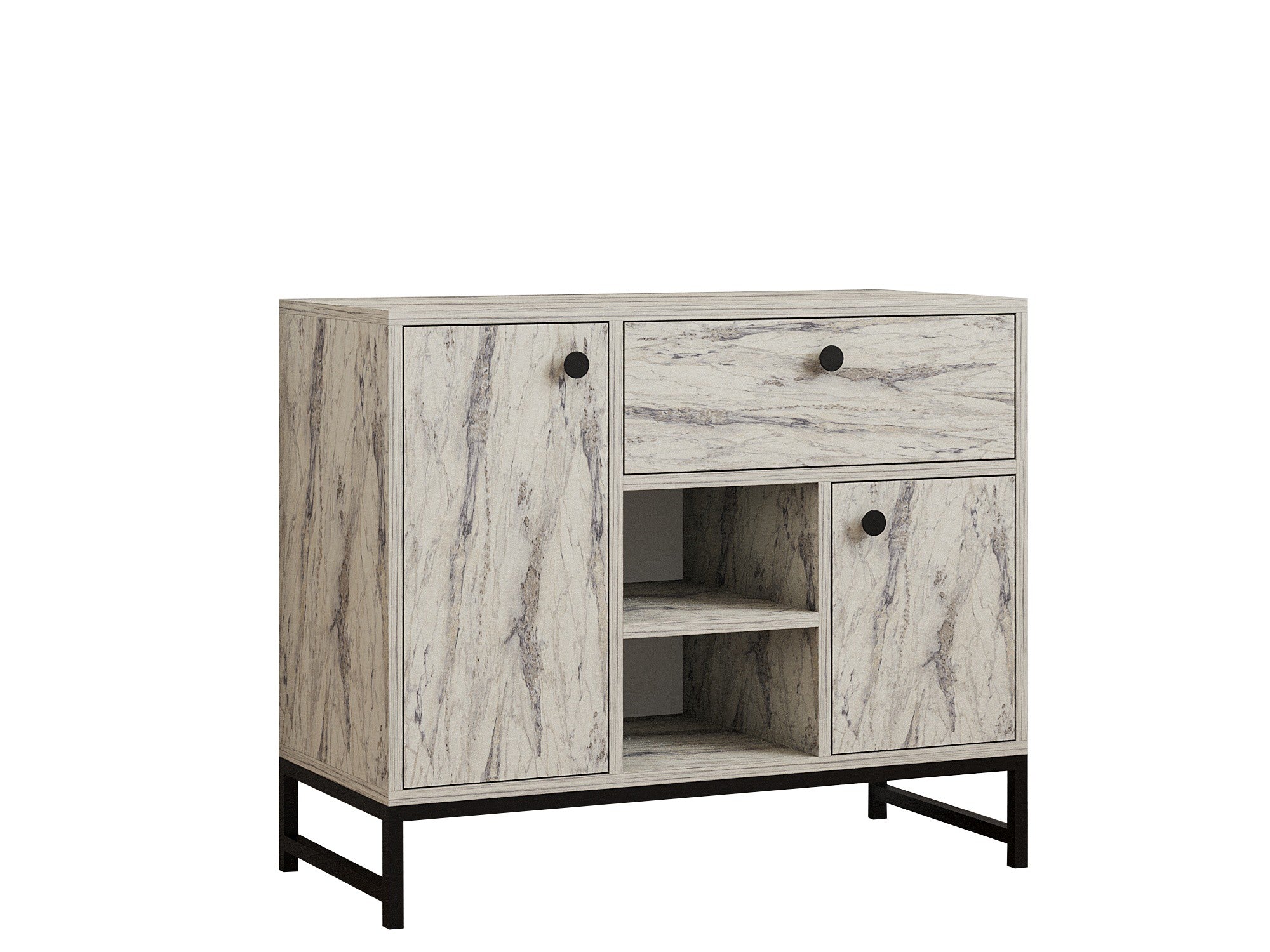 Buffet moderne 2 portes et 1 tiroir Elssa L90cm Effet marbre Blanc et Noir