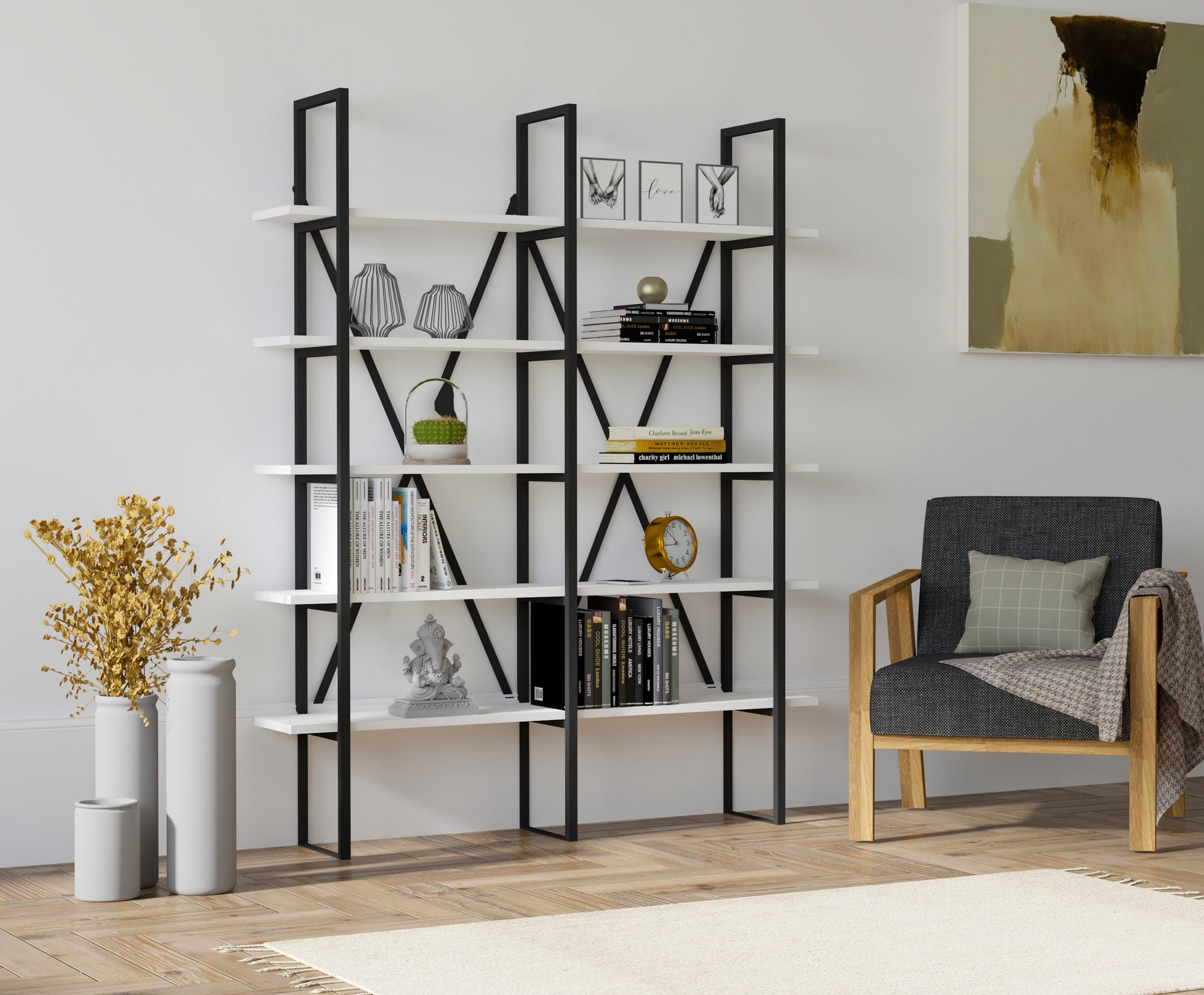 Étagère bibliothèque style industriel Axonda L126cm Métal Noir et Bois Blanc