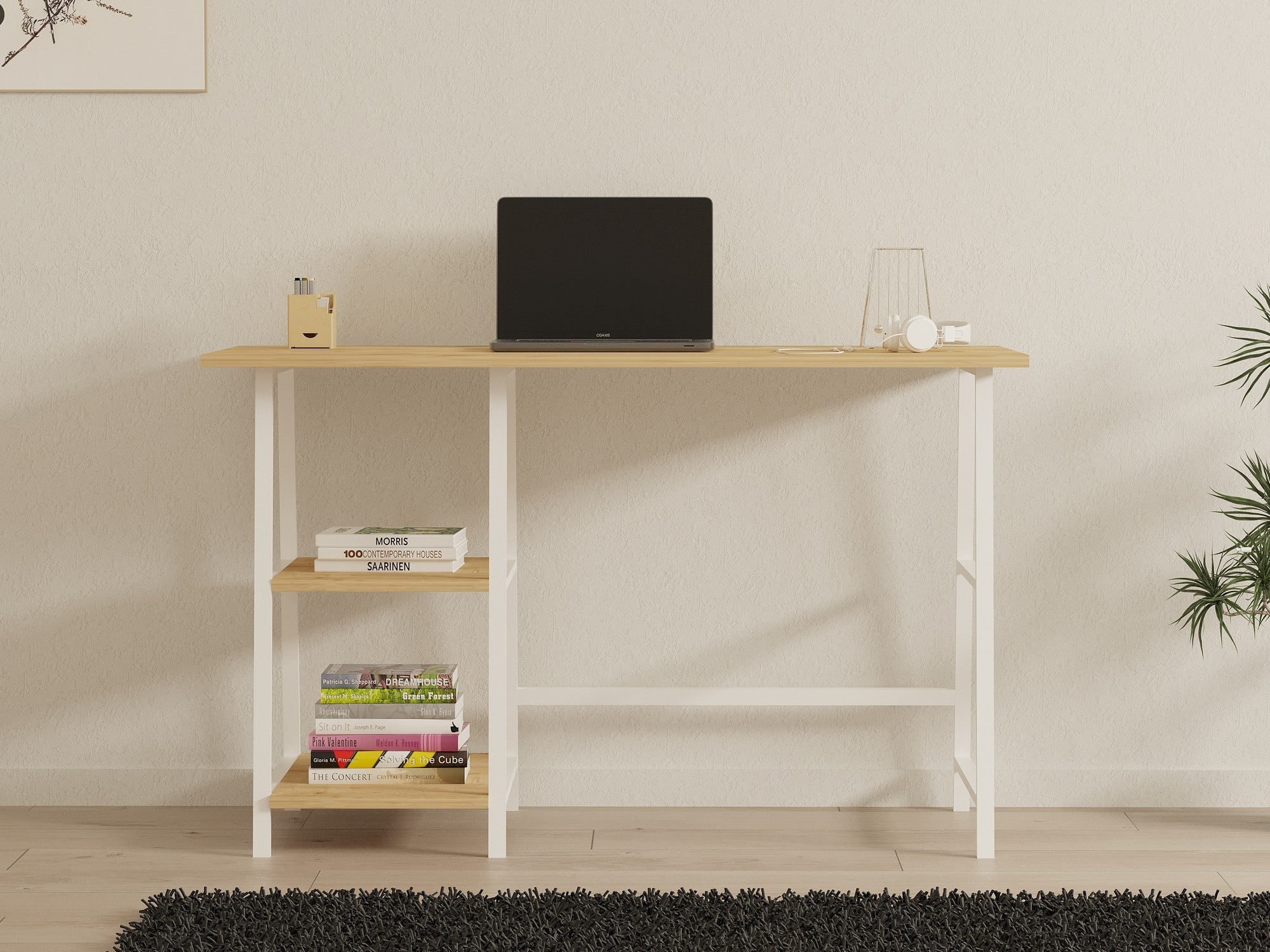 Ensemble bureau et bibliothèque Laysa Bois clair et Métal Blanc