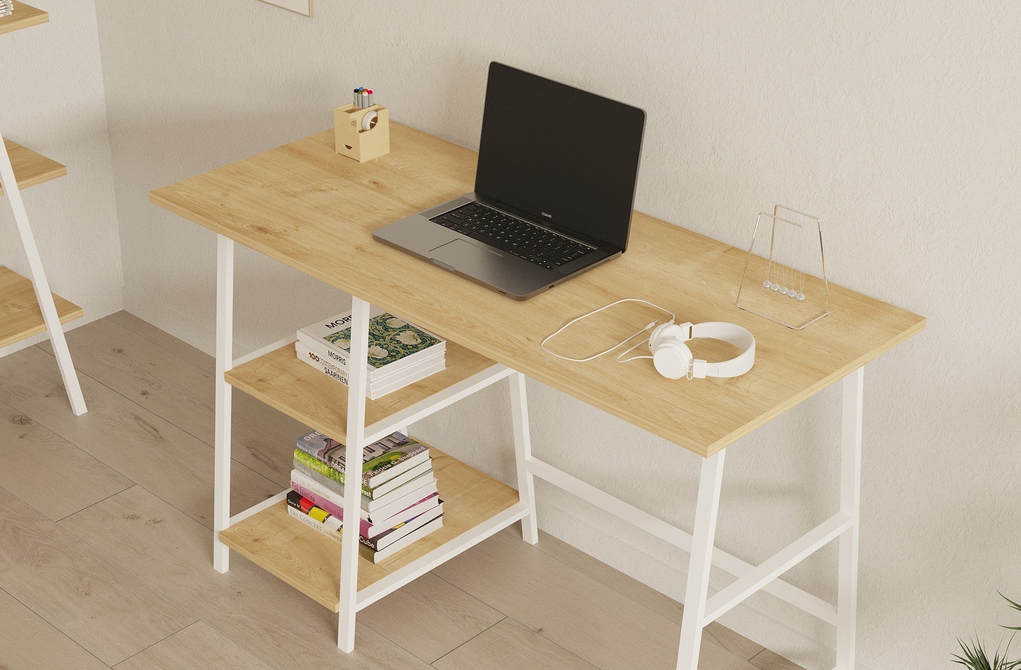 Ensemble bureau et bibliothèque Laysa Bois clair et Métal Blanc