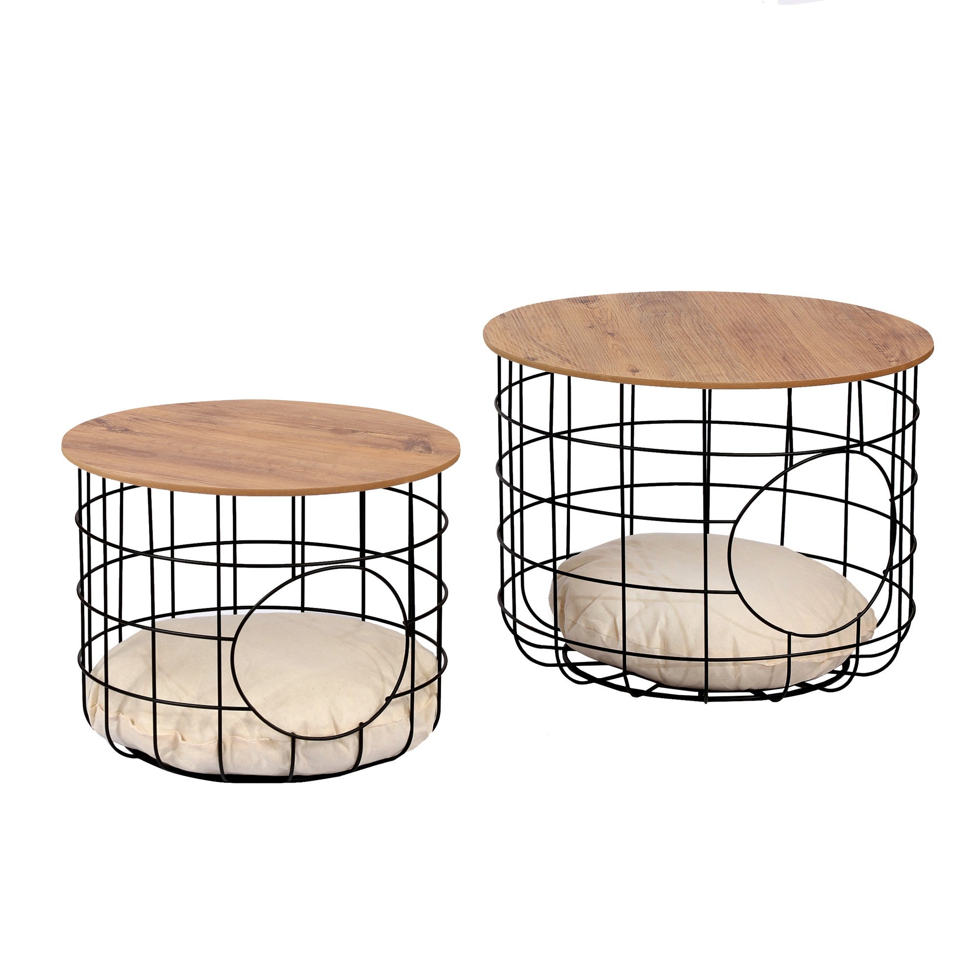 Lot de 2 tables basses, paniers avec couvercles amovibles Laca Métal Bois Naturel et Métal Noir