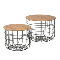 Lot de 2 tables basses, paniers avec couvercles amovibles Laca Métal Bois Naturel et Métal Noir