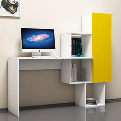 Bureau moderne à étagère bibliothèque intégrée Kilian L145cm Blanc et Jaune