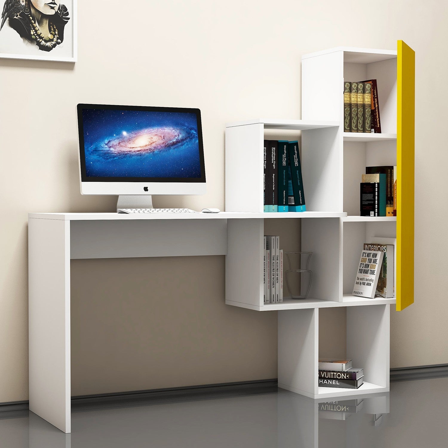 Bureau moderne à étagère bibliothèque intégrée Kilian L145cm Blanc et Jaune