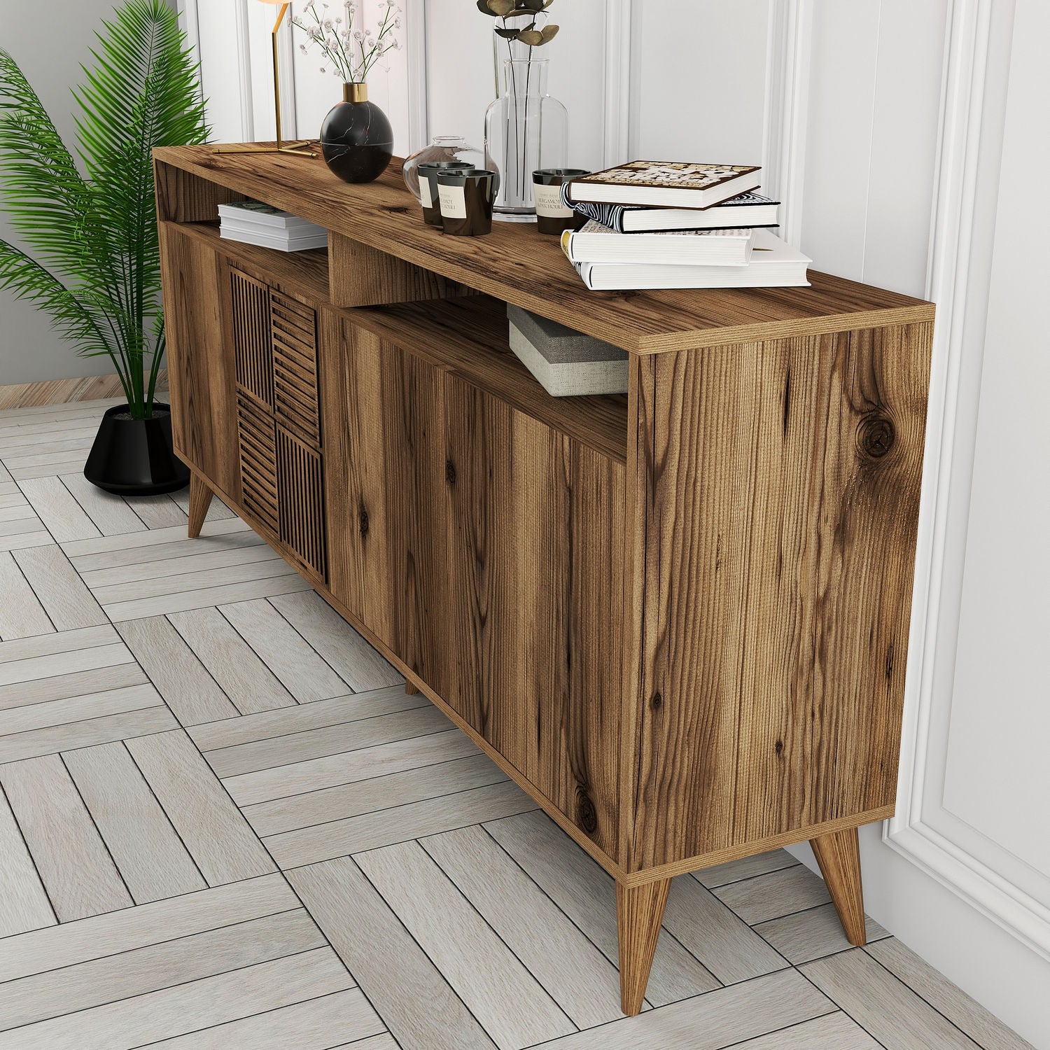 Buffet bas 4 portes et 2 niches de rangement Kaltes L180cm Bois foncé