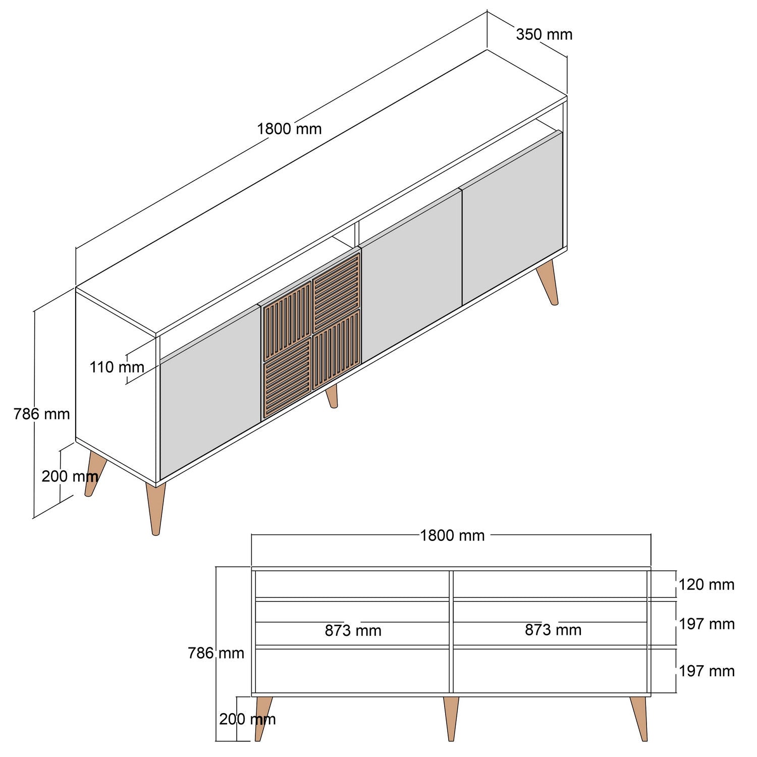 Buffet bas 4 portes et 2 niches de rangement Kaltes L180cm Bois foncé