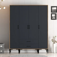 Armoire 4 portes et 2 tiroirs style industriel Akoy L160cm Bois foncé et Anthracite