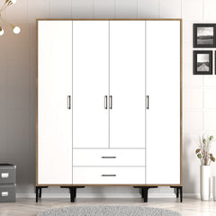 Armoire 4 portes et 2 tiroirs style industriel Akoy L160cm Bois foncé et Blanc