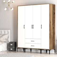 Armoire 4 portes et 2 tiroirs style industriel Akoy L160cm Bois foncé et Blanc