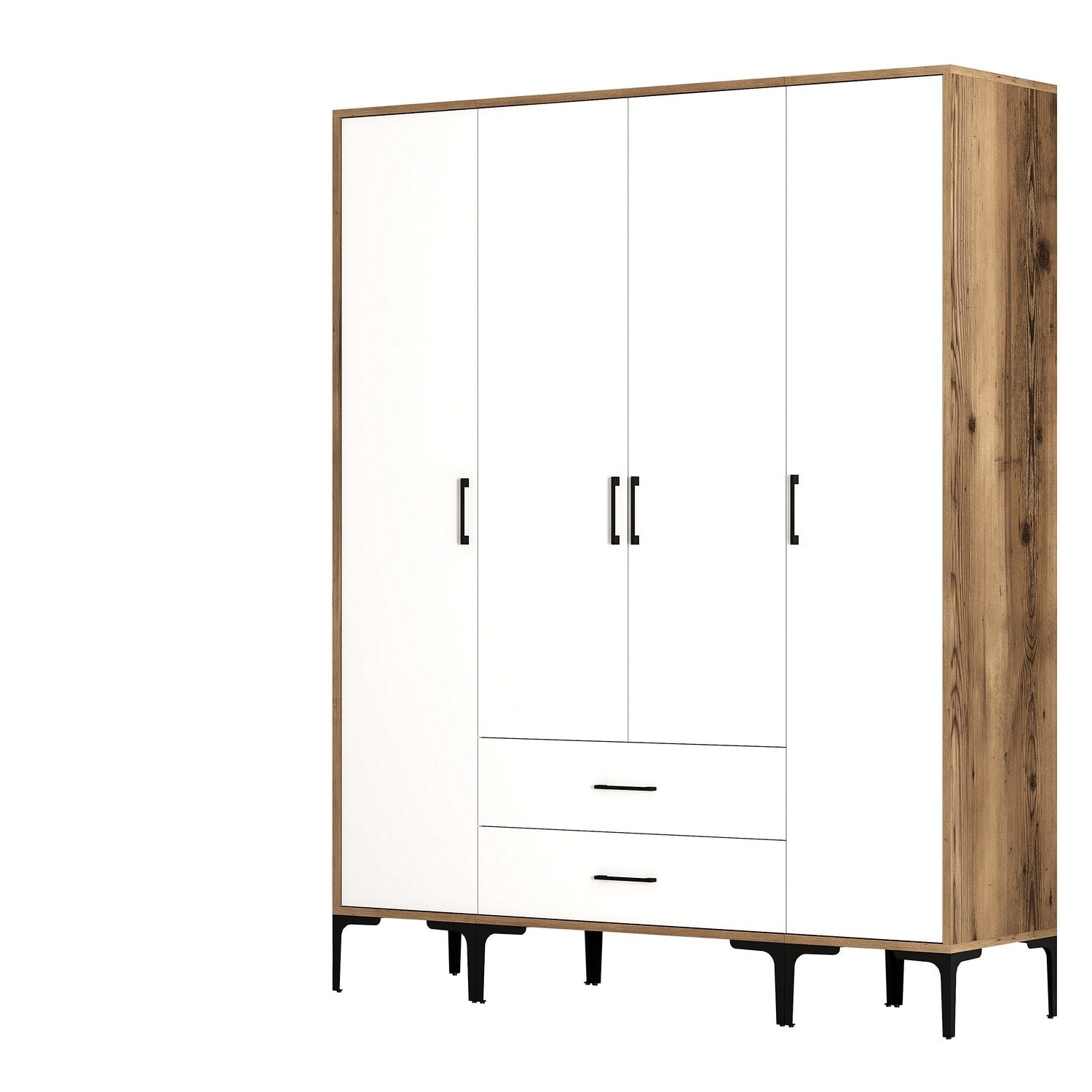 Armoire 4 portes et 2 tiroirs style industriel Akoy L160cm Bois foncé et Blanc