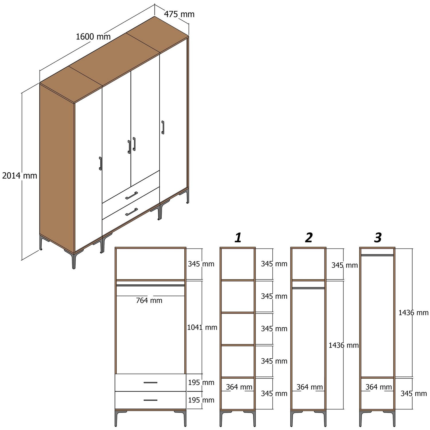 Armoire 4 portes et 2 tiroirs style industriel Akoy L160cm Bois foncé et Blanc