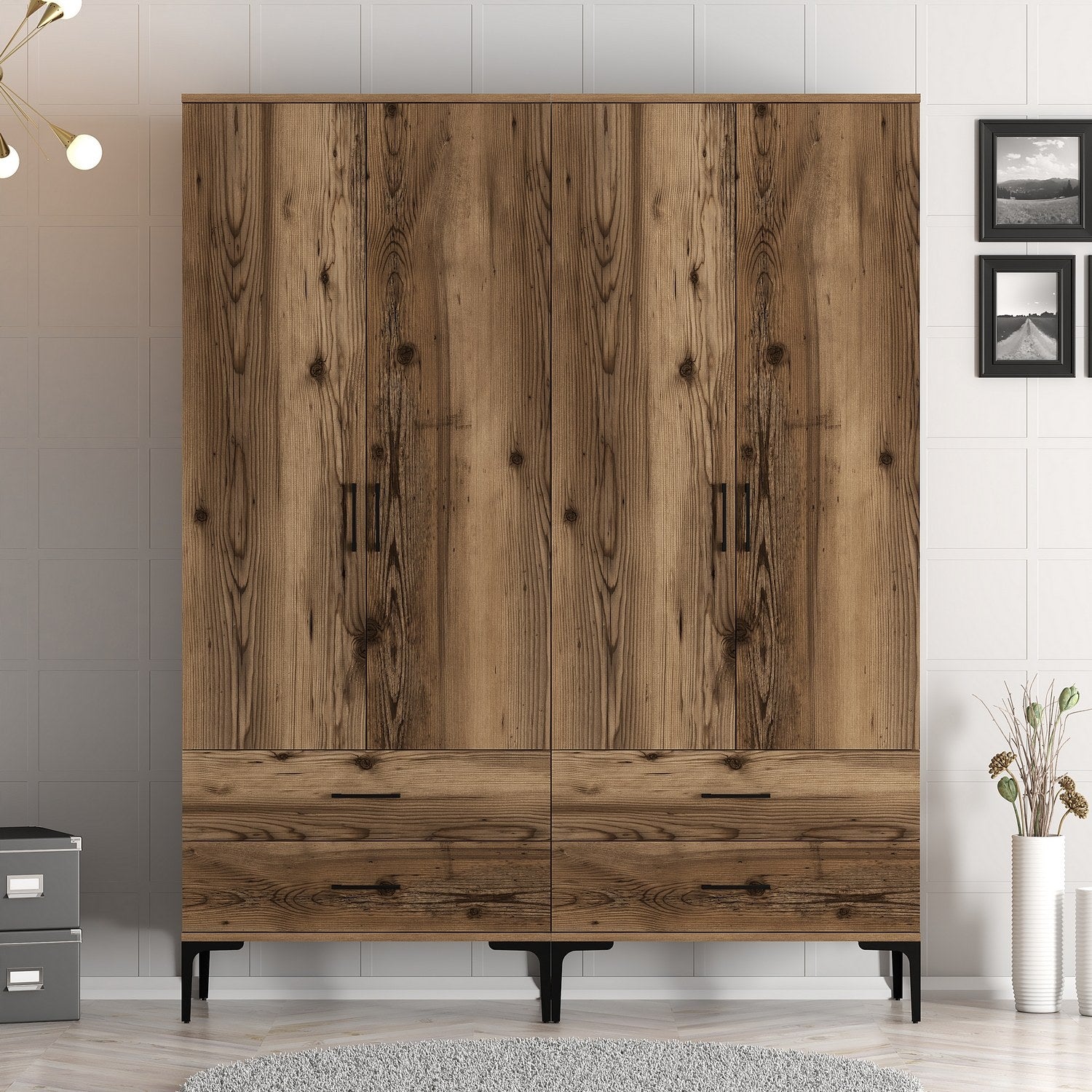 Armoire 4 portes et 4 tiroirs style industriel Akoy L160cm Bois foncé