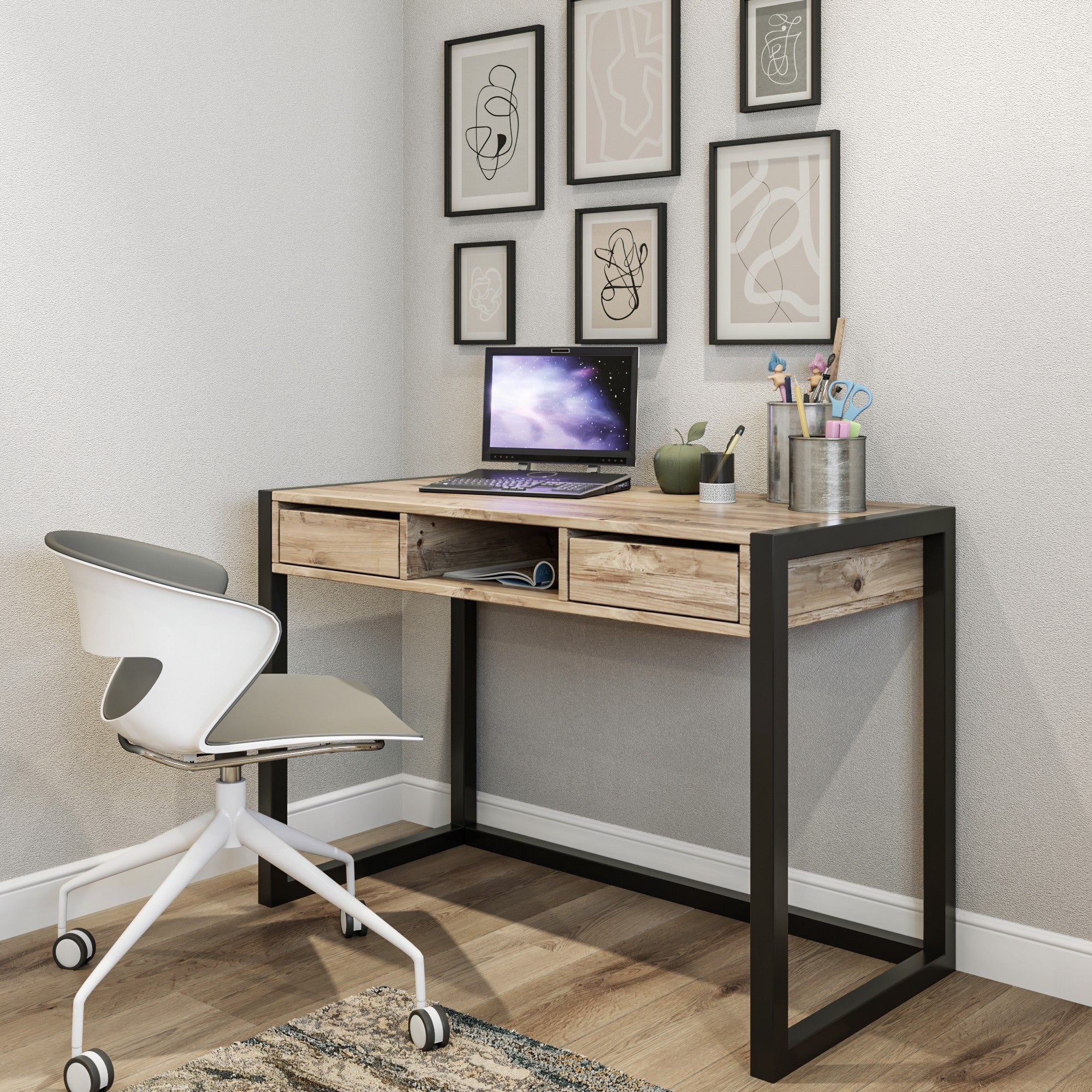 Bureau 2 tiroirs style industriel Oginie L115cm Bois clair et Métal Noir