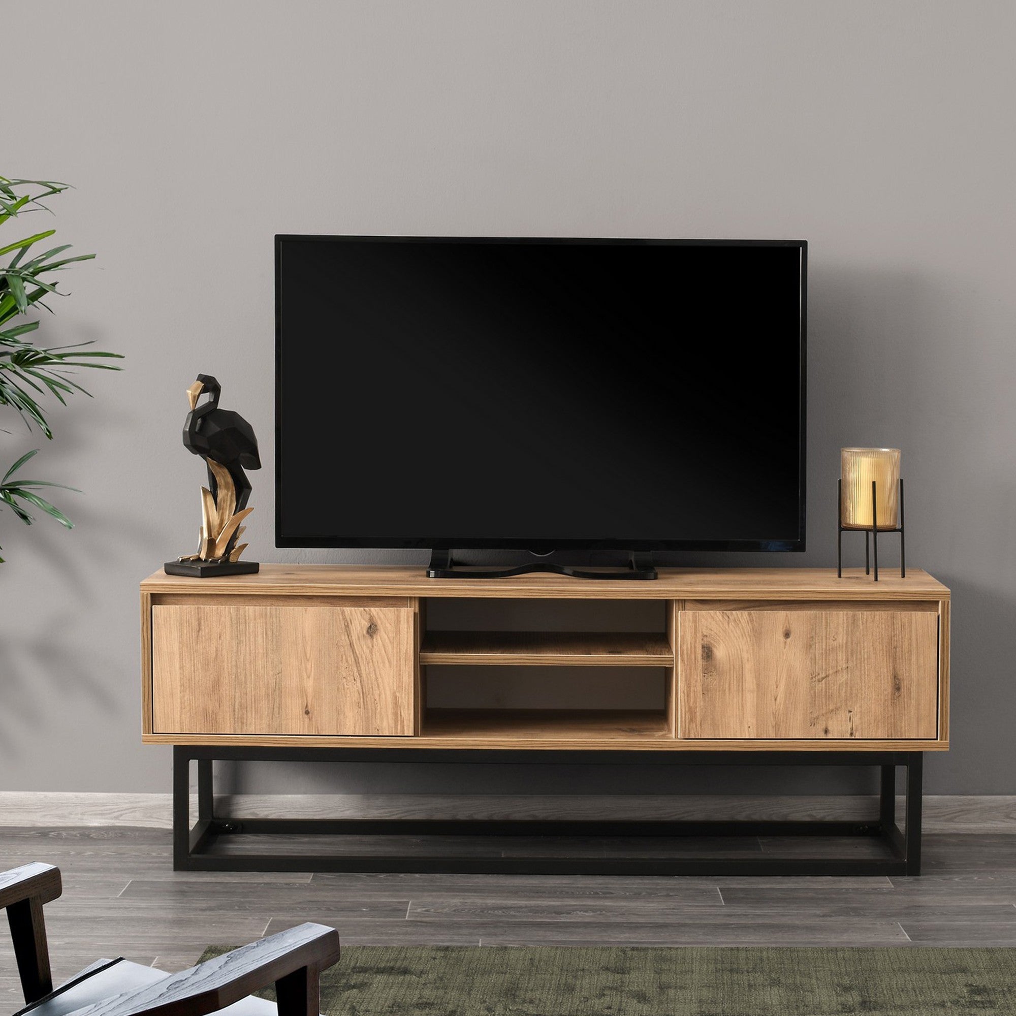 Meuble TV style industriel Solido L140cm Bois foncé et Métal Noir