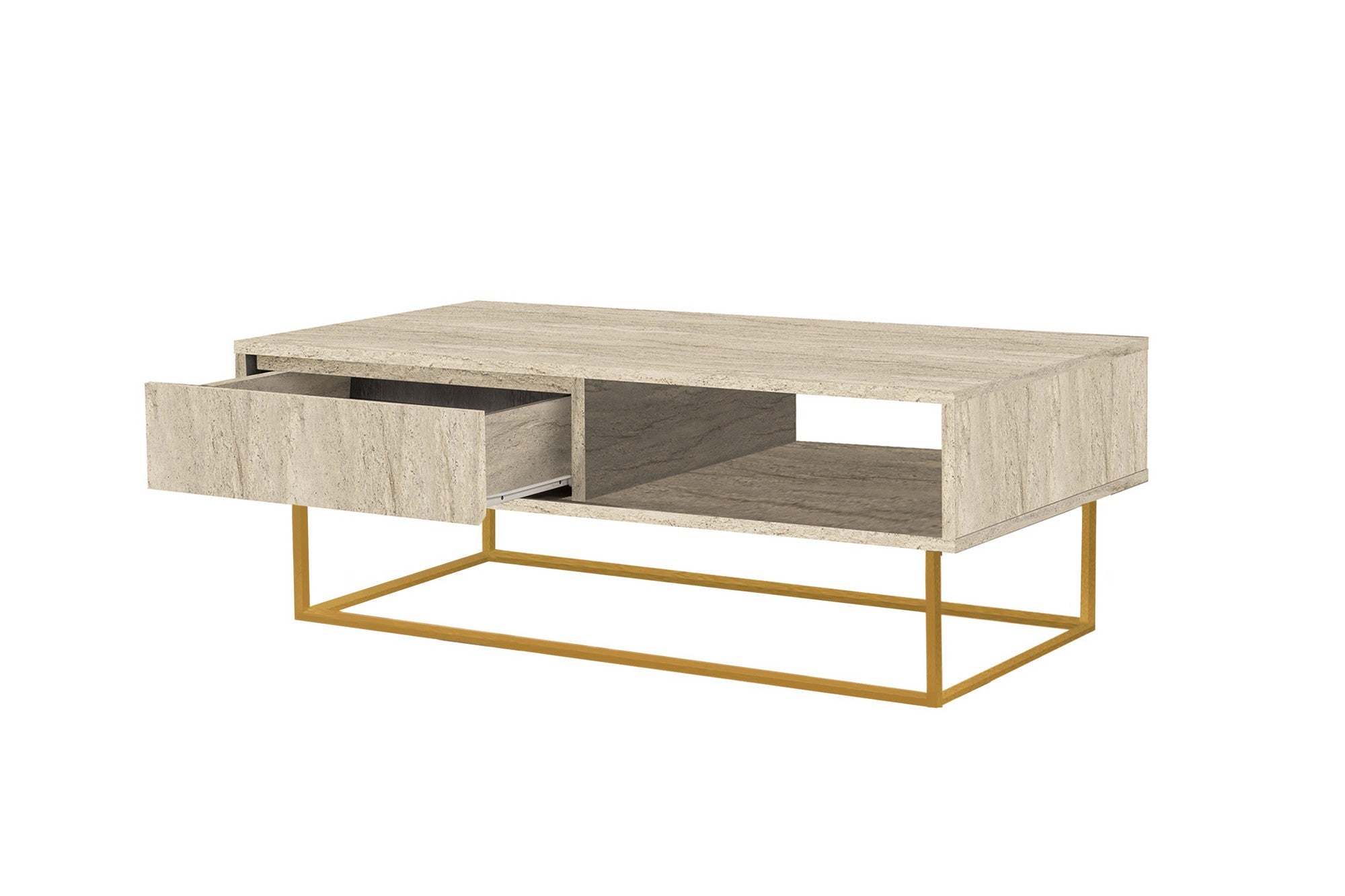 Table basse design 1 tiroir Luxury L120cm Effet travertin Beige et Métal Or