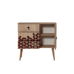 Commode 1 porte et 3 tiroirs Areva 90x90cm Motif Arabesque Bois Naturel et Bordeaux