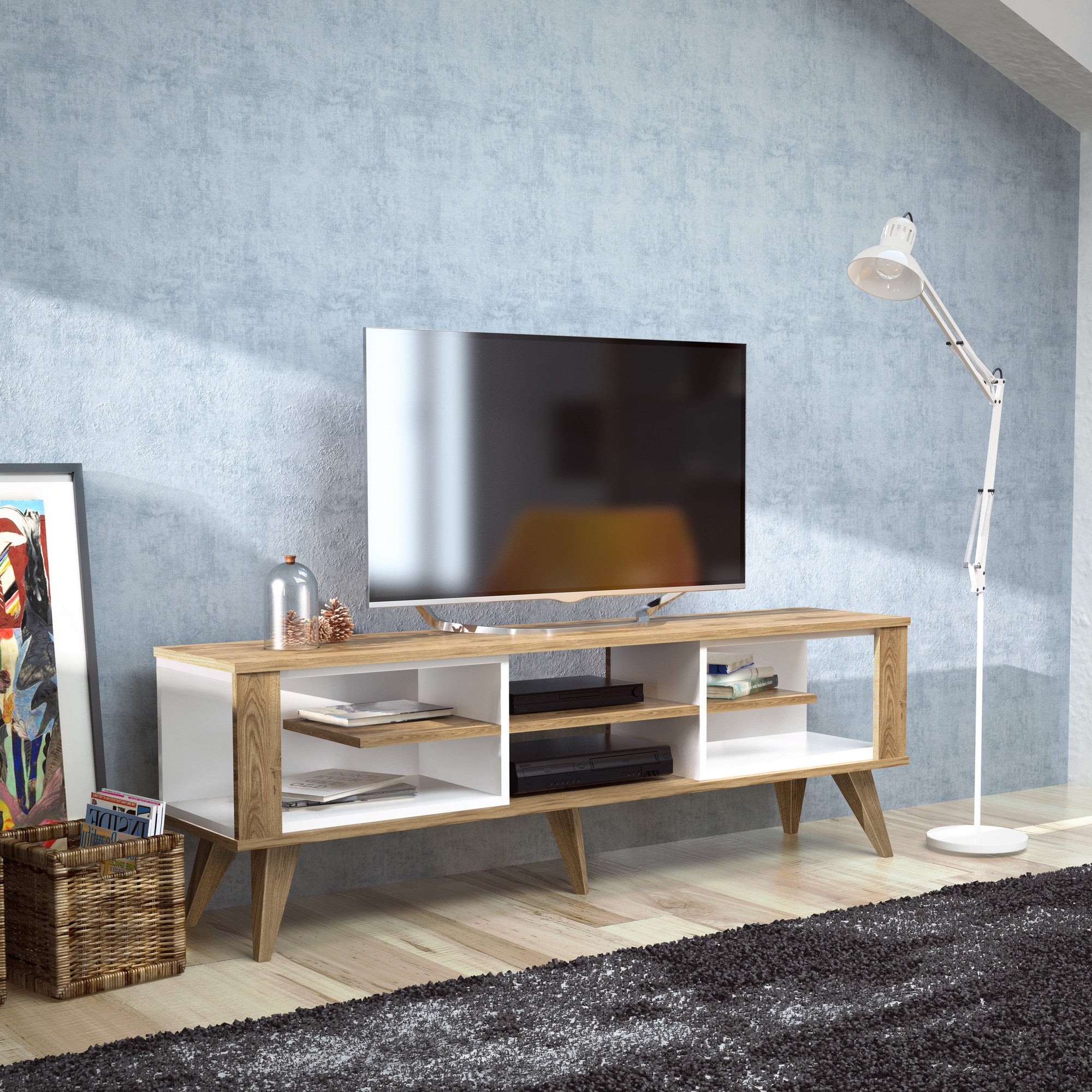 Meuble TV Style scandinave Conio L160cm Blanc et Chêne clair