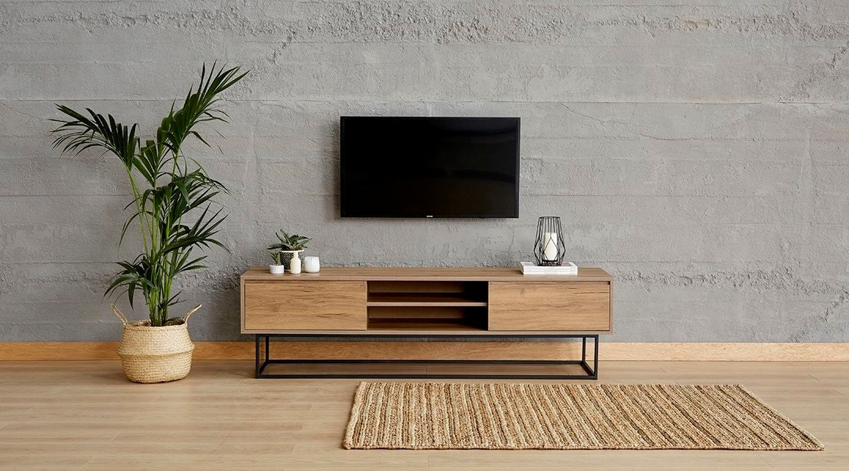 Meuble Tv style industriel Balisar L180cm Bois clair et Métal Noir